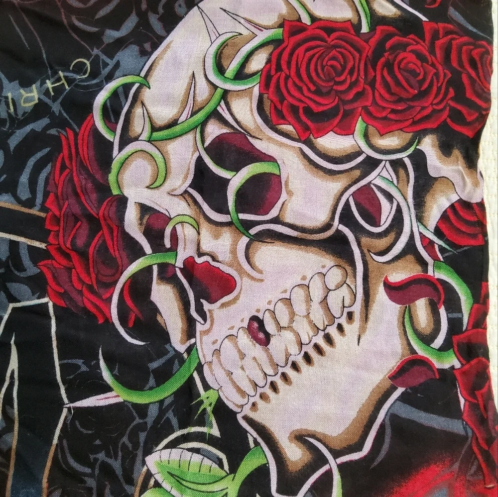 Christian Audigier Los Angeles Skull and Roses Graphic Scarf
